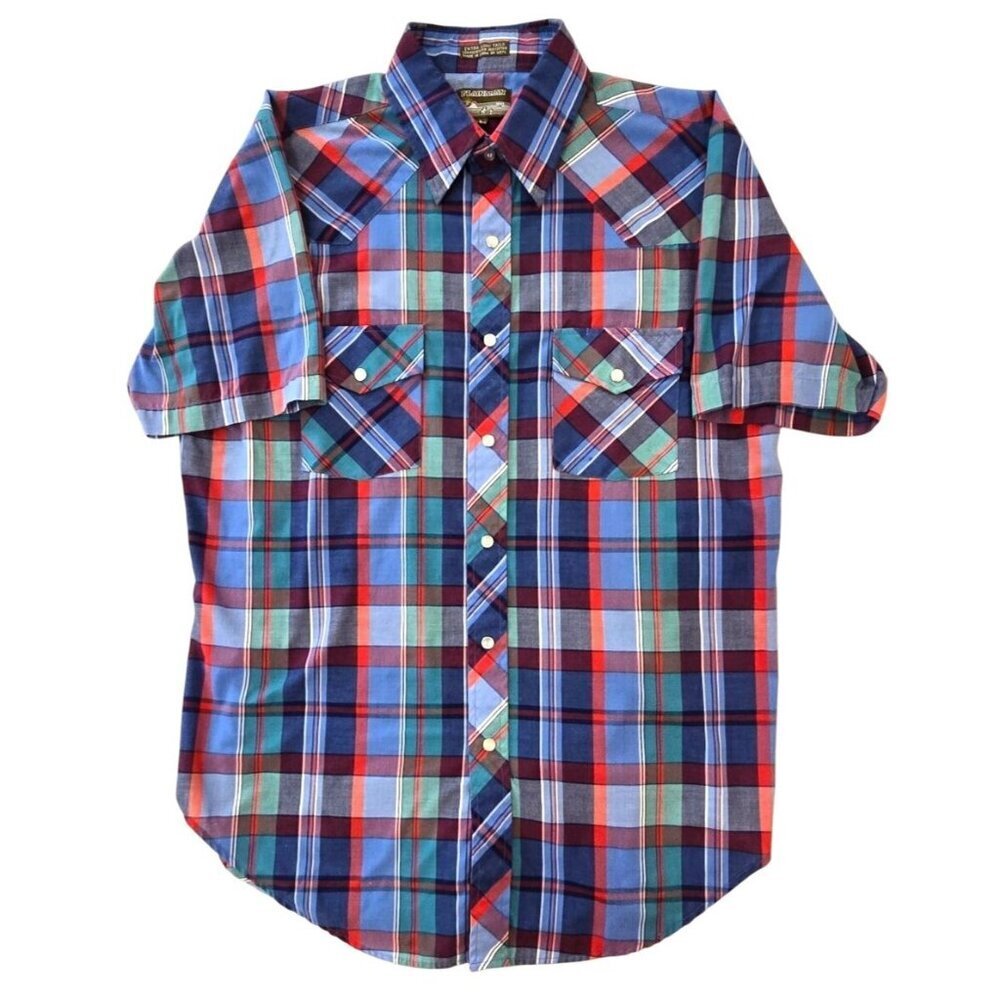 Vintage Plainsman Plaid Pearl Snap Short Sleeve Shirt Extra Long Mens L 16-16.5